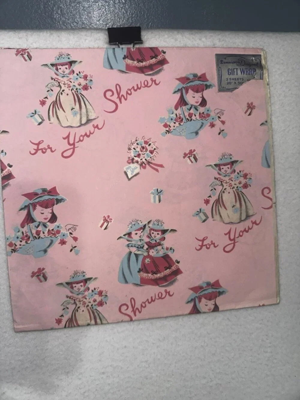 Vintage Dennison Gift Wrap Paper Baby Shower Pink 1950’s Brand New NOS USA 20x30